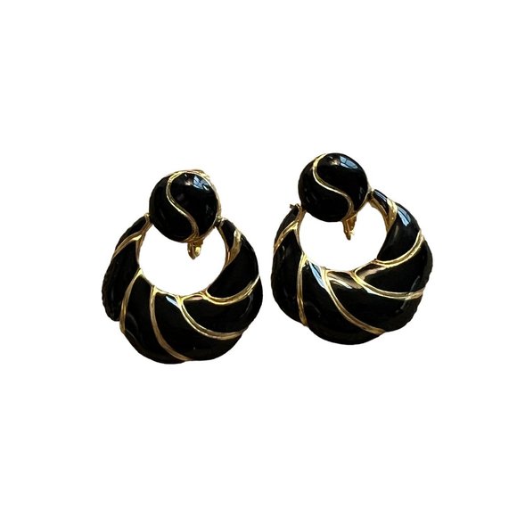 Vintage TAT Earrings Clip On Door Knocker Gold Tone Black Enamel 1.5" - Picture 1 of 4